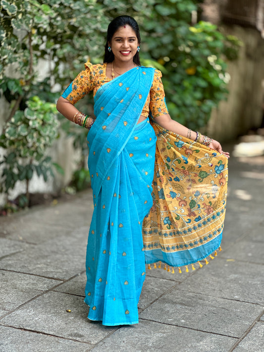 LINEN COTTON SAREE WITH KAKAMKARI BLOUSE AND PALLU