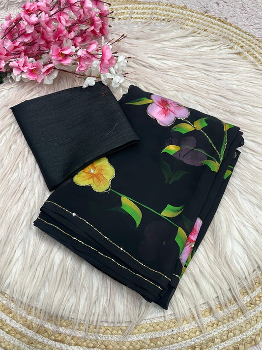 Georgette with brush print in whole saree with cut dena work