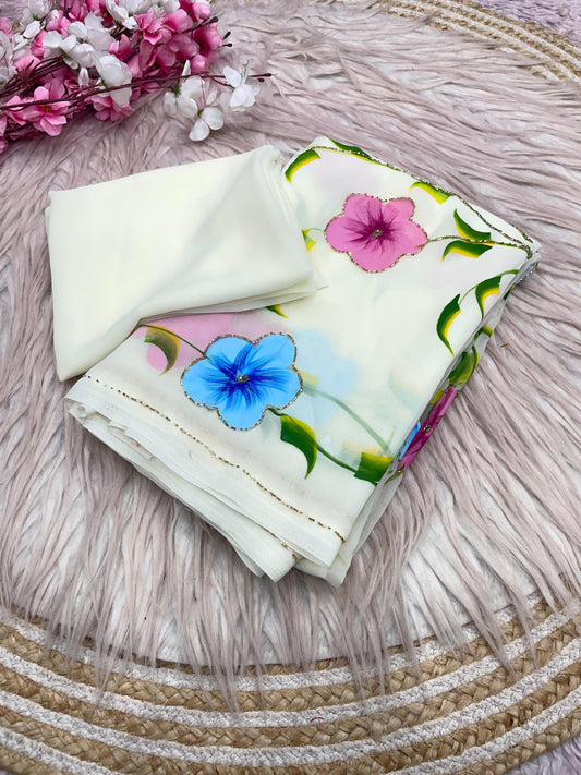 Georgette with brush print in whole saree with cut dena work