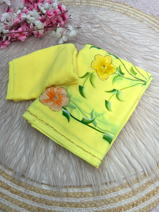 Georgette with brush print in whole saree with cut dena work