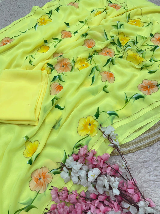 Georgette with brush print in whole saree with cut dena work