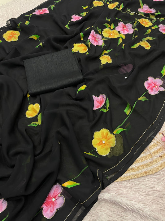 Georgette with brush print in whole saree with cut dena work