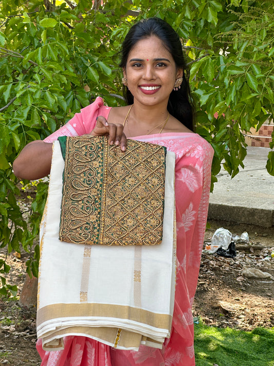 Kerala Traditional Cotton Saree + work blouse combos