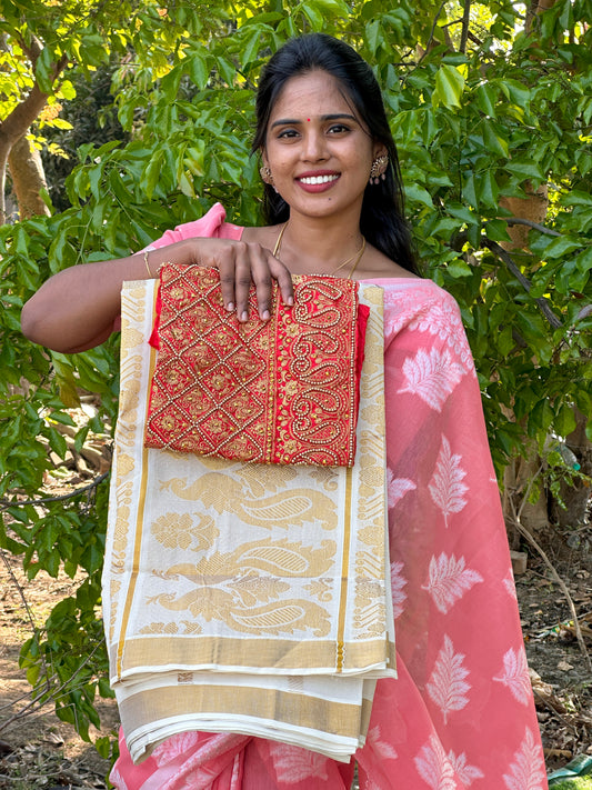 Kerala Traditional Cotton Saree + work blouse combos