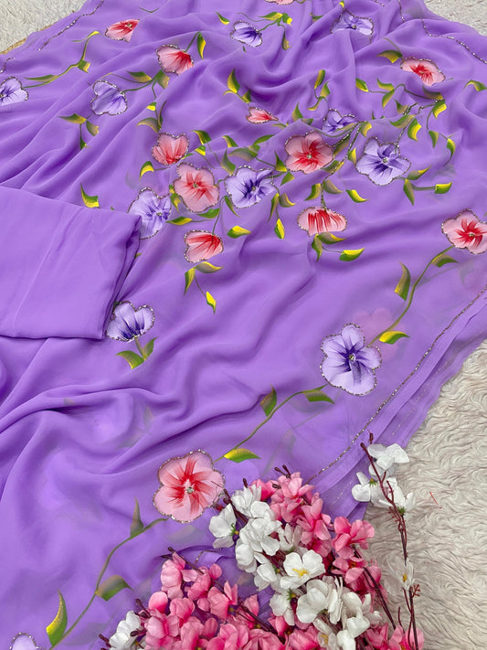 Georgette with brush print in whole saree with cut dena work