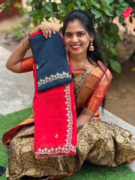Popcorn material Fancy Saree + work blouse