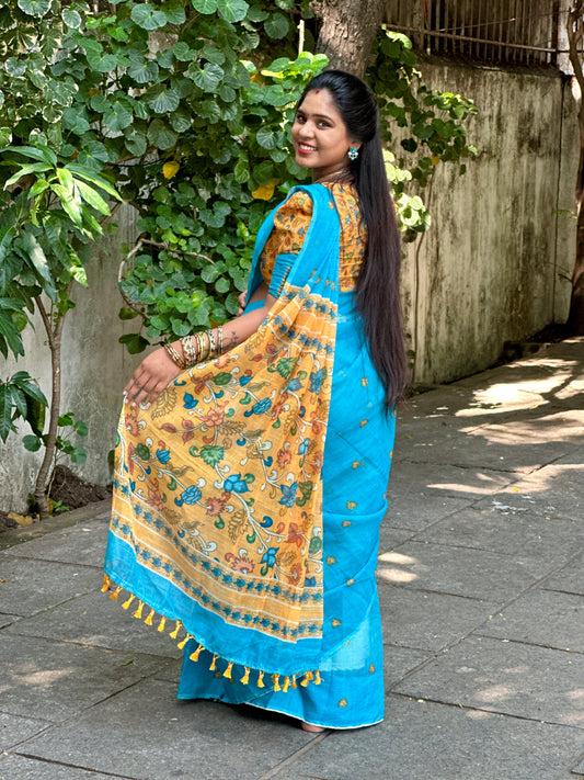 LINEN COTTON SAREE WITH KAKAMKARI BLOUSE AND PALLU