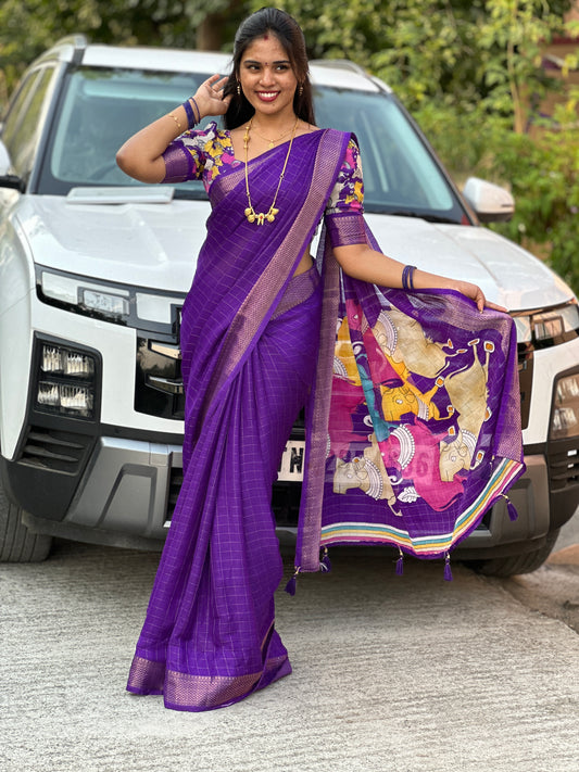 Crepe Silk Checks Design Saree