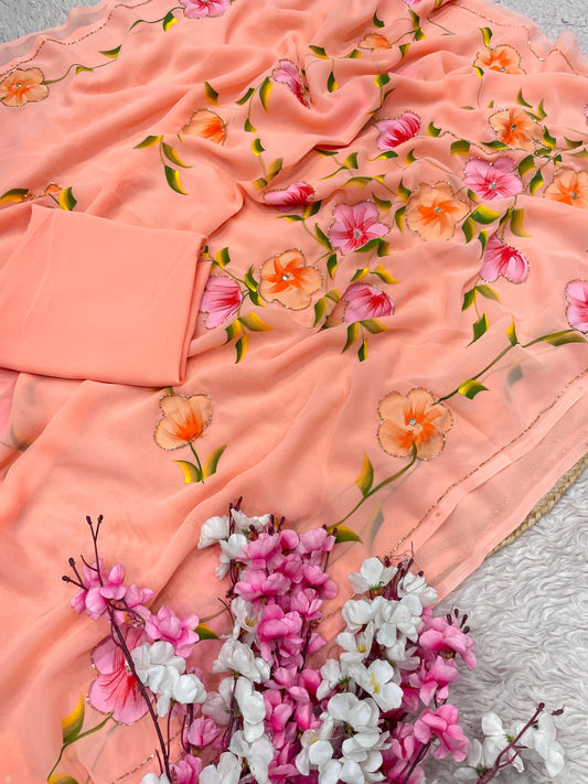 Georgette with brush print in whole saree with cut dena work