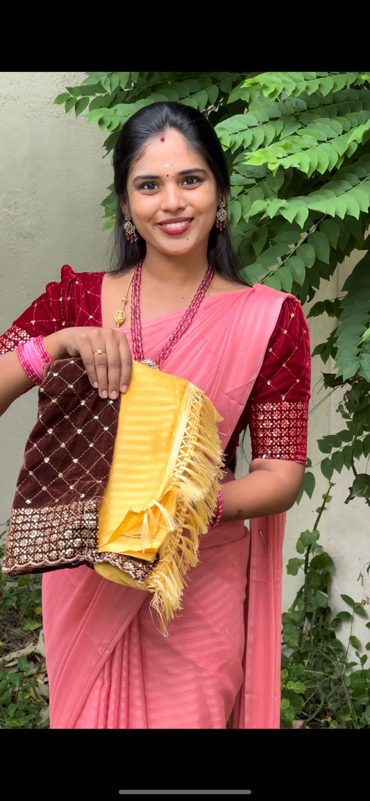 Georgette saree & velvet work blouse combo