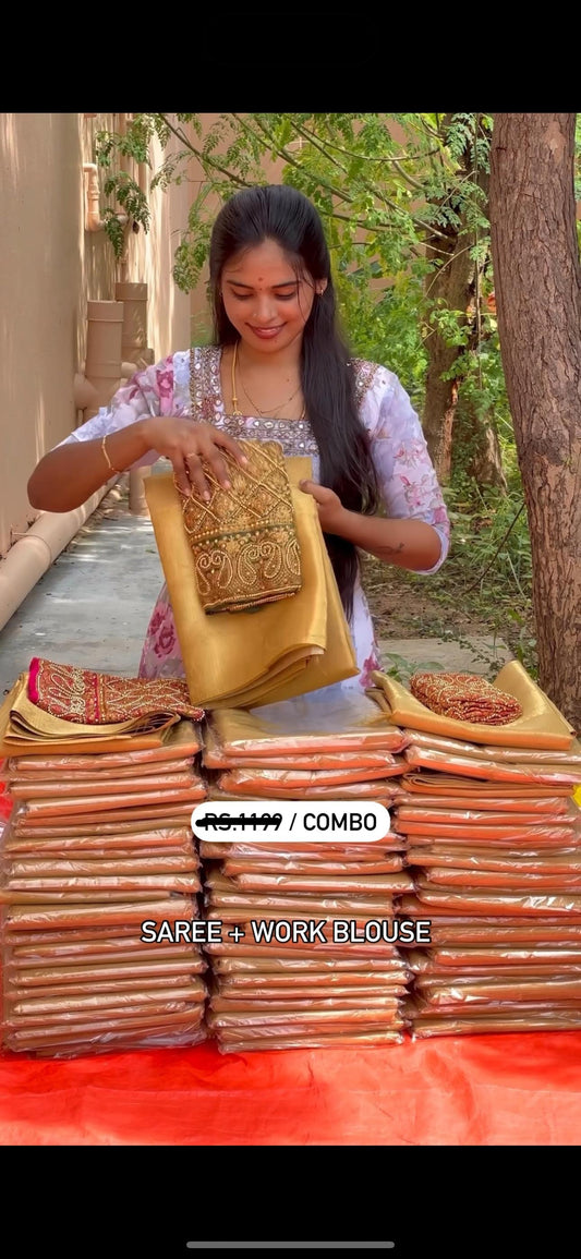 TISSUE SILK SAREE WITH WORK BLOUSE COMBO