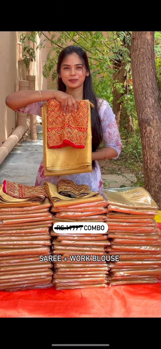 TISSUE SILK SAREE WITH WORK BLOUSE COMBO