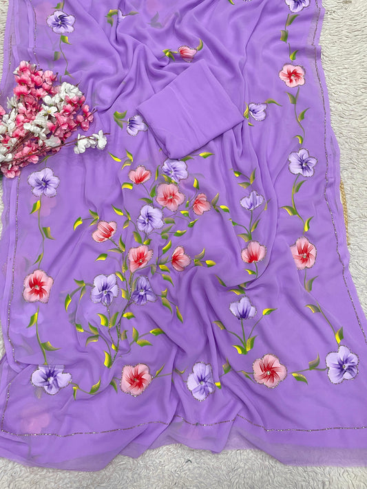 Georgette with brush print in whole saree with cut dena work