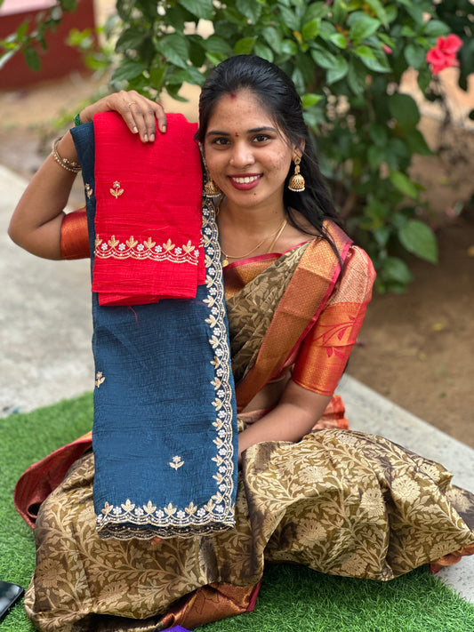 Popcorn material Fancy Saree + work blouse