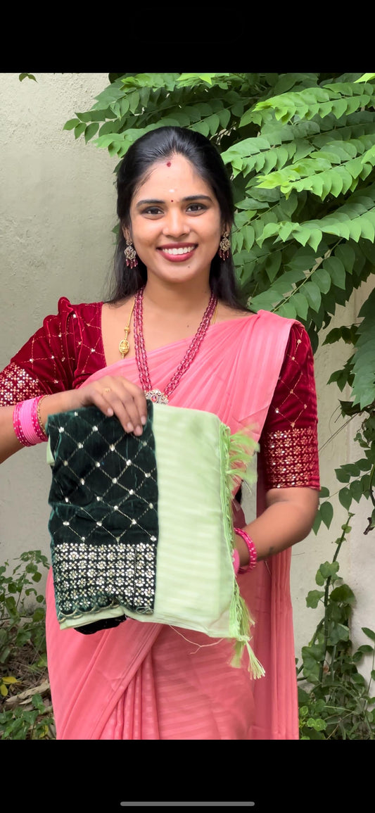 Georgette saree & velvet work blouse combo